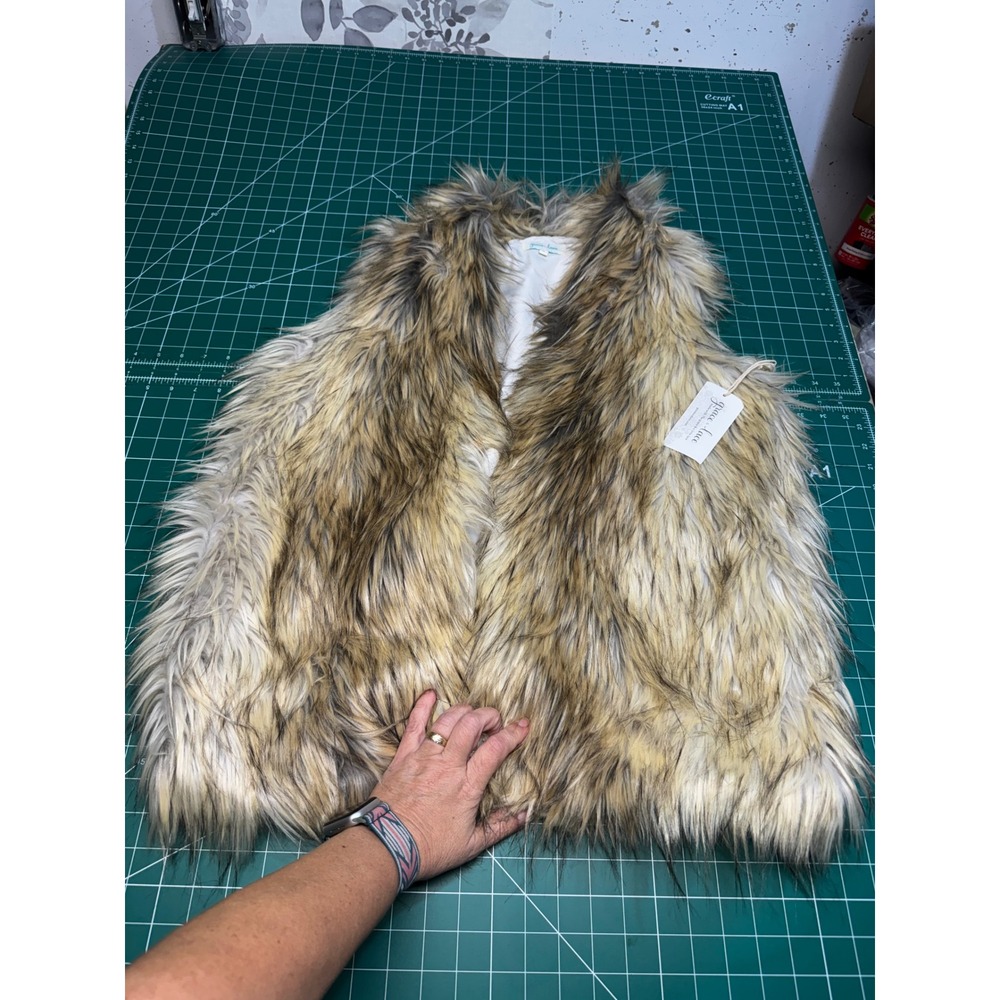 Grace & Lace Faux Fur Vest Brown Cream Shaggy Open Front Boho NWT